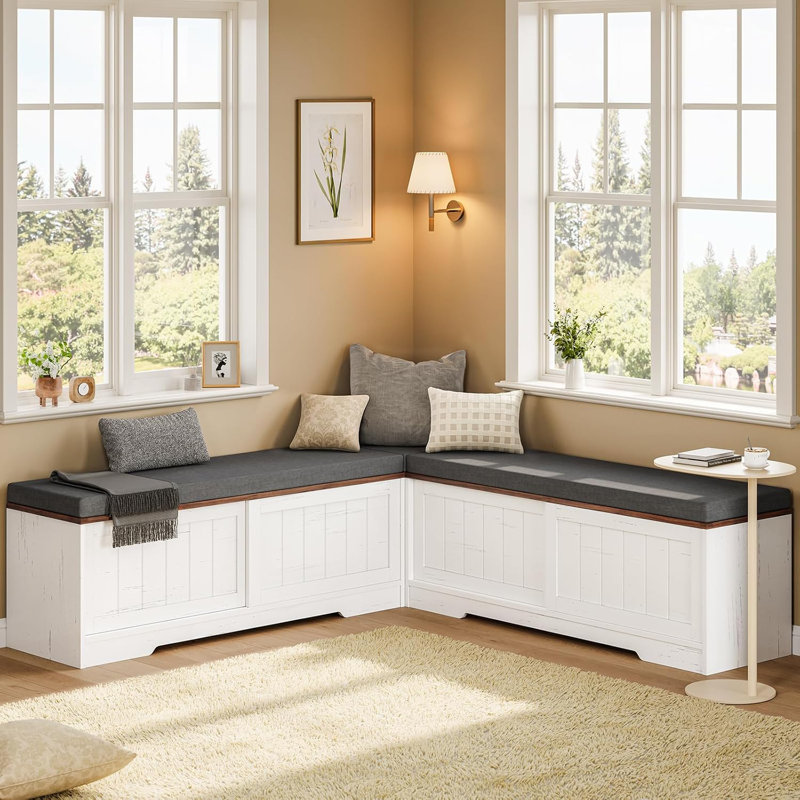 L Shape Corner Bench With Storage, Shoe Storage Benches With Cushion For Entryway, Hallway, Living Room, White & Grey