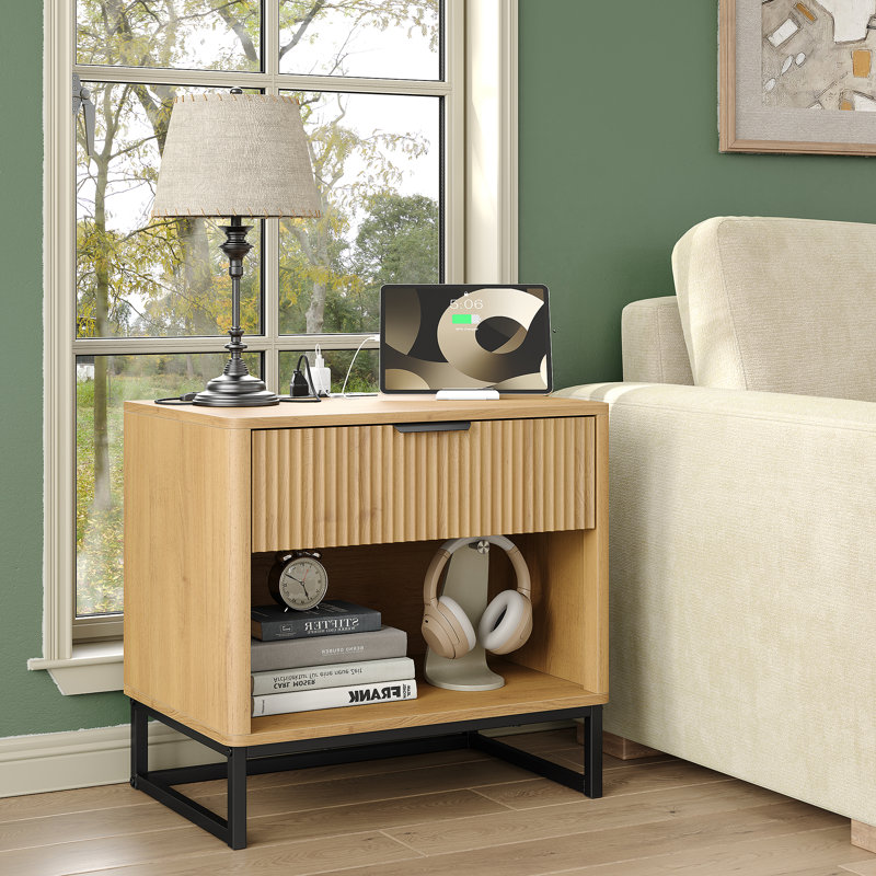 Semin Modern 1-Drawer Nightstand with Charging Station and Open Cubby, Bedside Table with Storage for Bedroom and Living Room