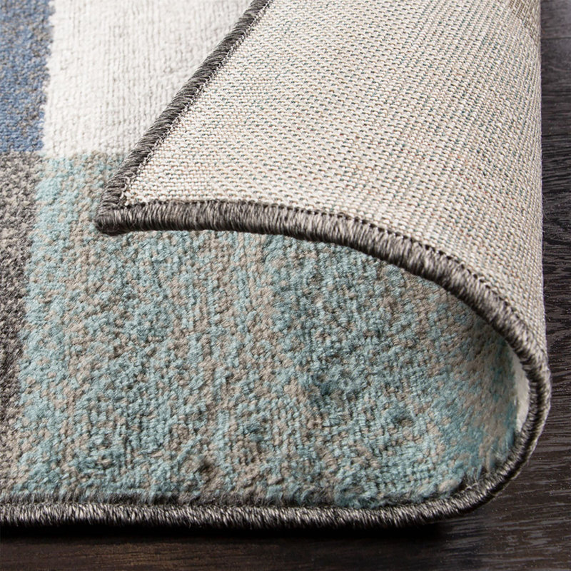 Tapis bleu sarcelle et gris tissé à la machine 5 pi x 8 pi