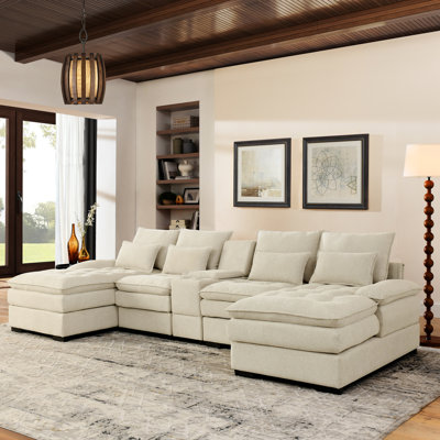 130 Inch U-Shaped Sofa With Console, Cupholders, And 6-Seat Upholstered Primary Living Space Furniture, Sleeper Couch Set With Chaise For Modern Homes