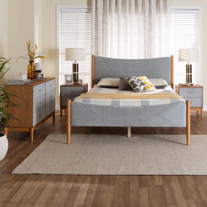 Ensemble de chambre avec grand lit 4 pièces en velours côtelé gris et chêne brun Taylin
