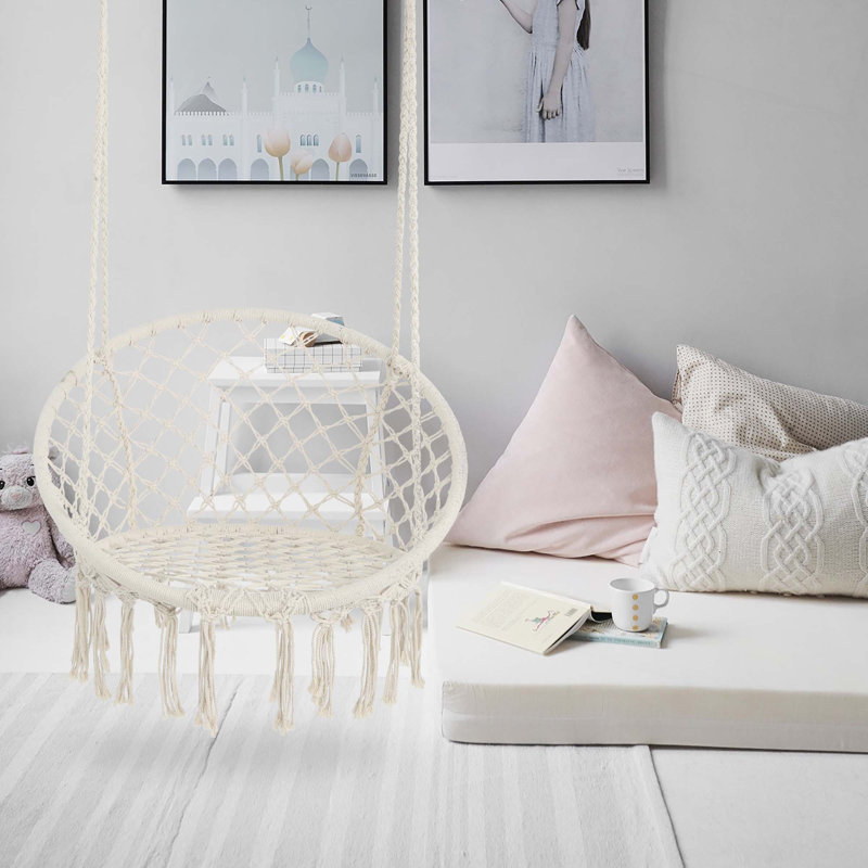 Balancelle avec hamac suspendu en corde de coton pour l'intérieur et l'extérieur, Beige, 34.25" H x 25.9" W x 18.11" D