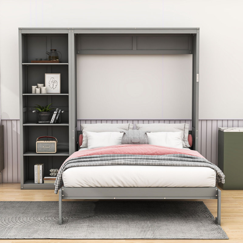 Lit escamotable mural Ell Elletsville avec tablettes, gris, Double