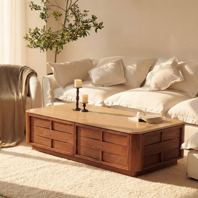 Hearth 60" Brown Oak Coffee Table with Travertine Top – Modern Rectangle Living Room Table