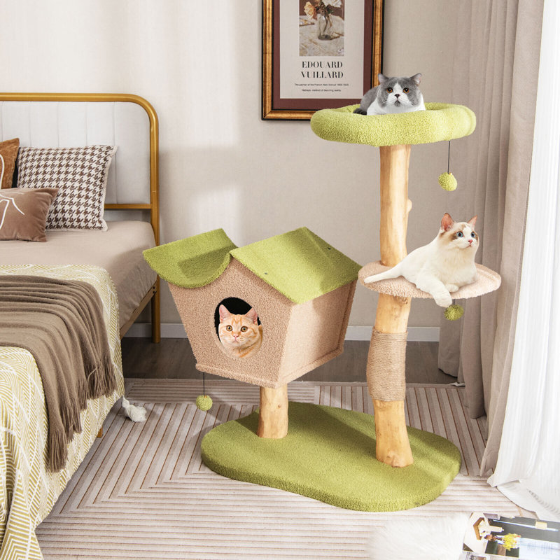43 Inch Green and Beige Wooden Cat Tree with Perch and Condo