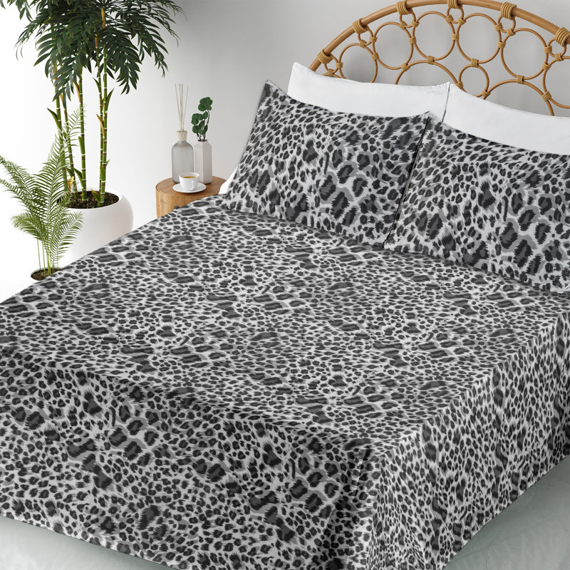 Ambesonne Leopard Print Sheet Set Grey Wild Cat Spots Black and Grey, Queen Sheet Set with 2 Pillowcases