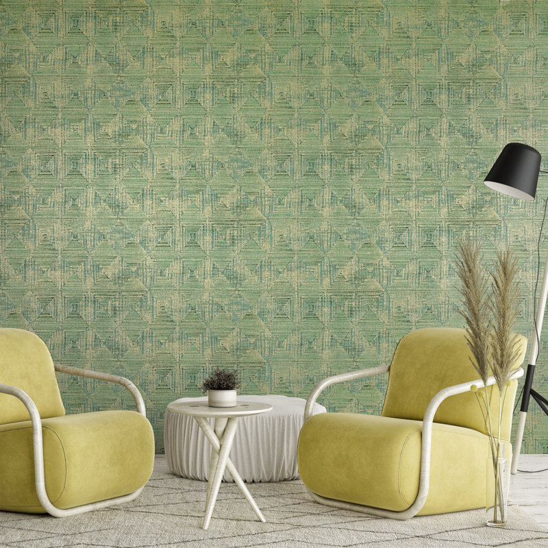 Pepper Sheen Finish Geometric Diamond Raffia Wallpaper Roll, Teal