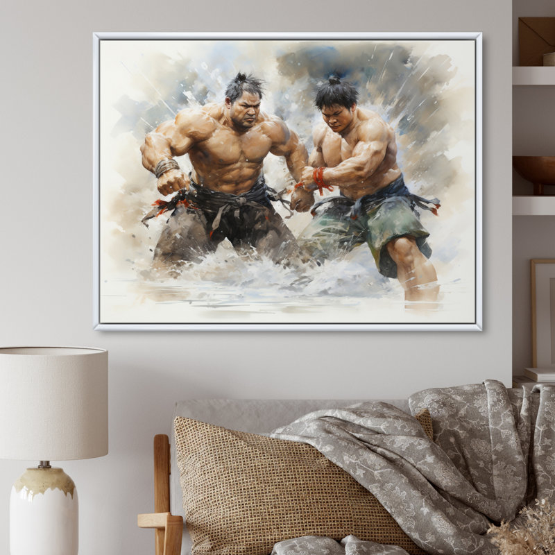 Japon Art Sumo Wrestling - estampes murales japonaises, H 12 po x l 20 po x P 1 po, Cadre flottant blanc
