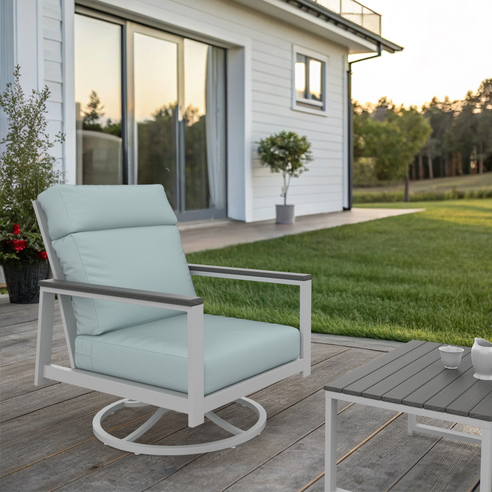 Townsend Metal Outdoor Rocking Chair With Sunbrella Cushion, Gray, Bliss Dew
