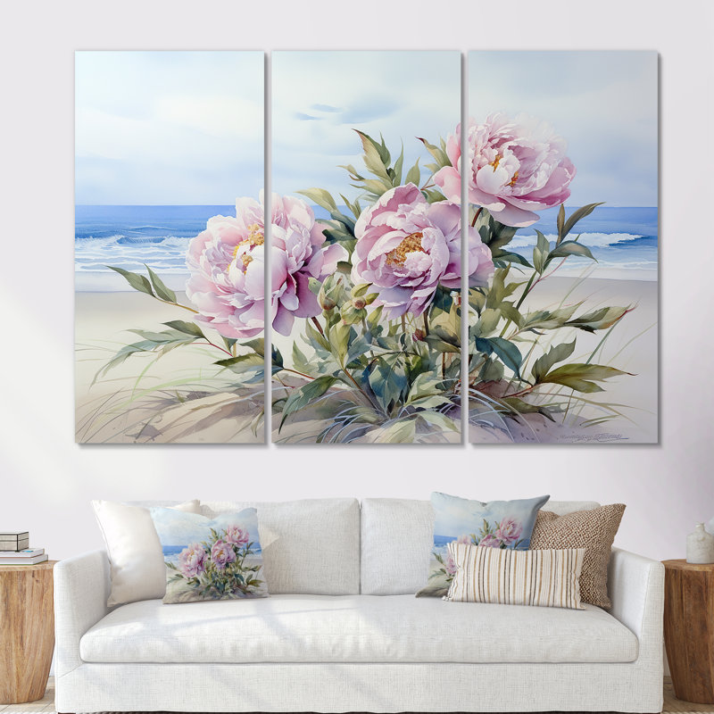 Mauve sérénité pivoines sur la plage - ensemble d'art mural sur toile pivoines, Toile tendue, H 40 po x l 60 po x P 1 po