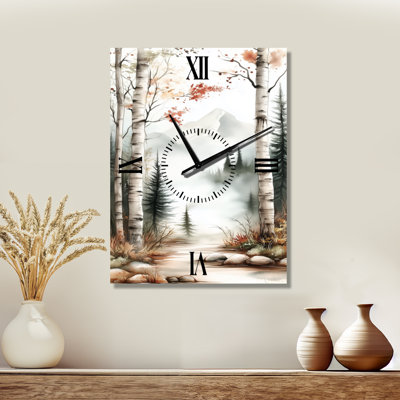 Chemin forestier de bouleaux d'automne II - Horloge murale en métal de style cabane