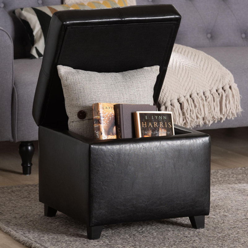 Leitch Faux Leather Ottoman, Black Faux Leather
