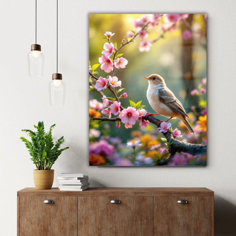 Art mural en verre trempé cerisier en fleurs, 24" H x 18" W
