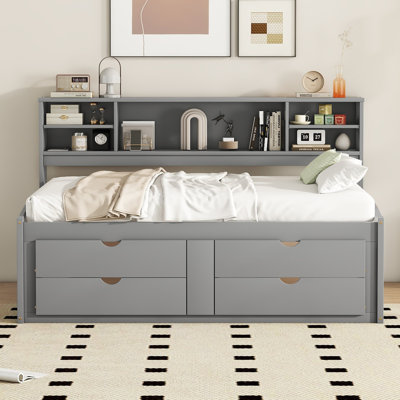 Full Size Wood Daybed With 2 Bedside Cabinets, Upper Shelves And 4 Drawers
