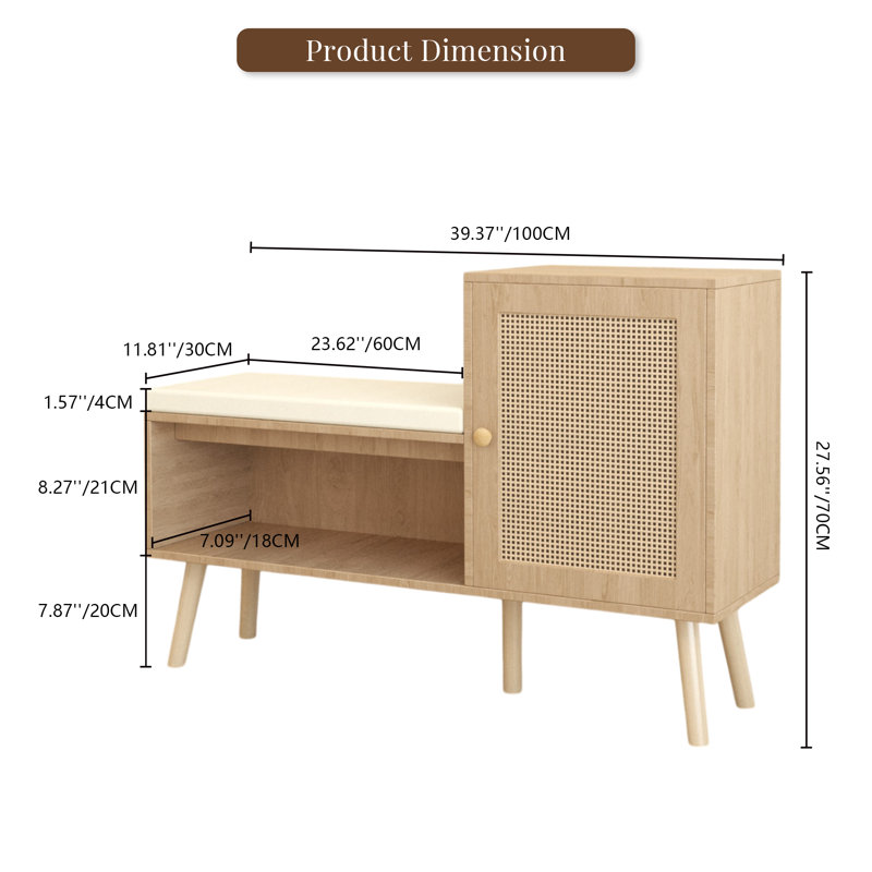 2-in-1 Pp Rattan Shoe Storage Bench, Modern Entryway Bench With 2 Adjustable Shelves & Removable Seat Cushion, Multifunctional Shoe Cabinet Organizer For Hallway Bedroom