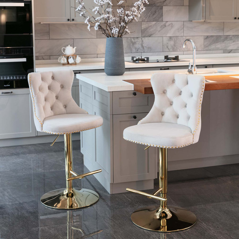 Tabourets de bar pivotants en velours, 2, Doré, Beige