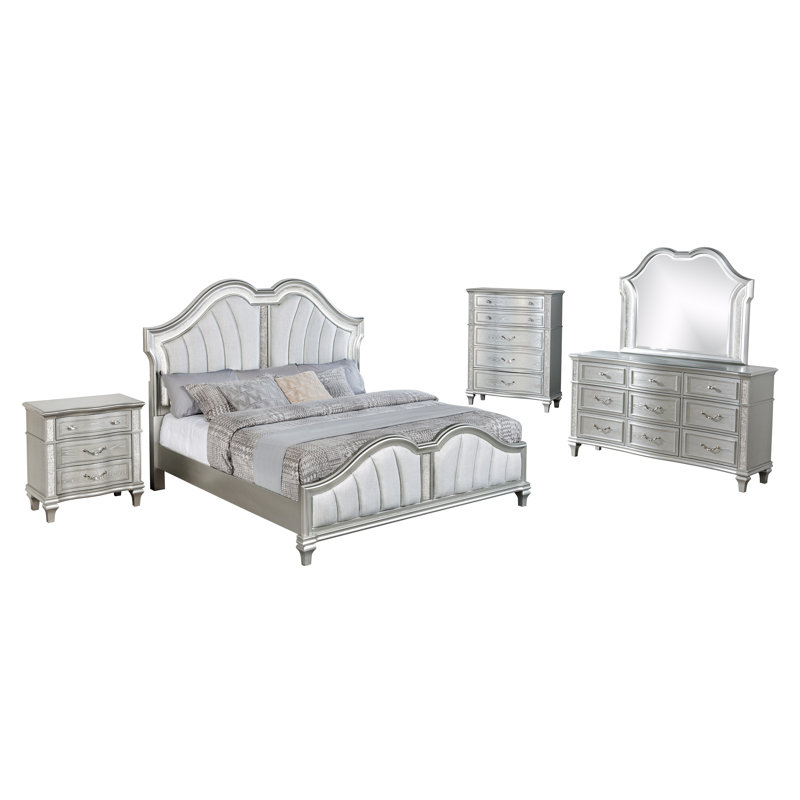 Ensemble de chambre à coucher argenté avec lumières DEL et tête de lit tapissier, 5 Pcs: Bed, Nightstand, 2 Dresser, Mirror