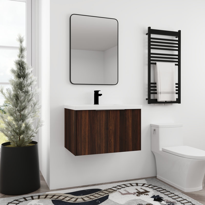 30" Wall Mounted Single Bathroom Vanity with Resin Vanity Top, California  Walnut