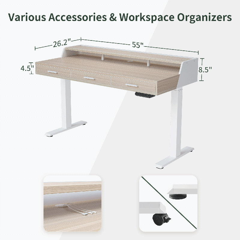 Bureau debout électrique 55 "avec tiroirs, Ivoire/blanc, L 55 po x P 26 po