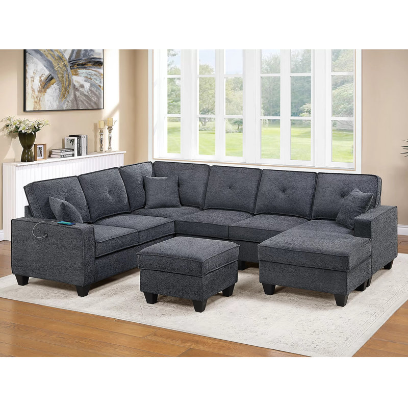 Chenille Sectional Set With Ottoman, Dark Gray Chenille