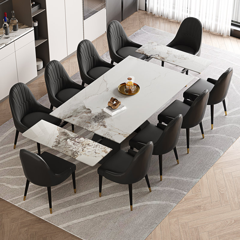 Modern Dining Table Set For 8-10 With 78.7''-110'' Expandable Faux Marble Top 10 PU Leather Dining Chairs, Chanel, Black