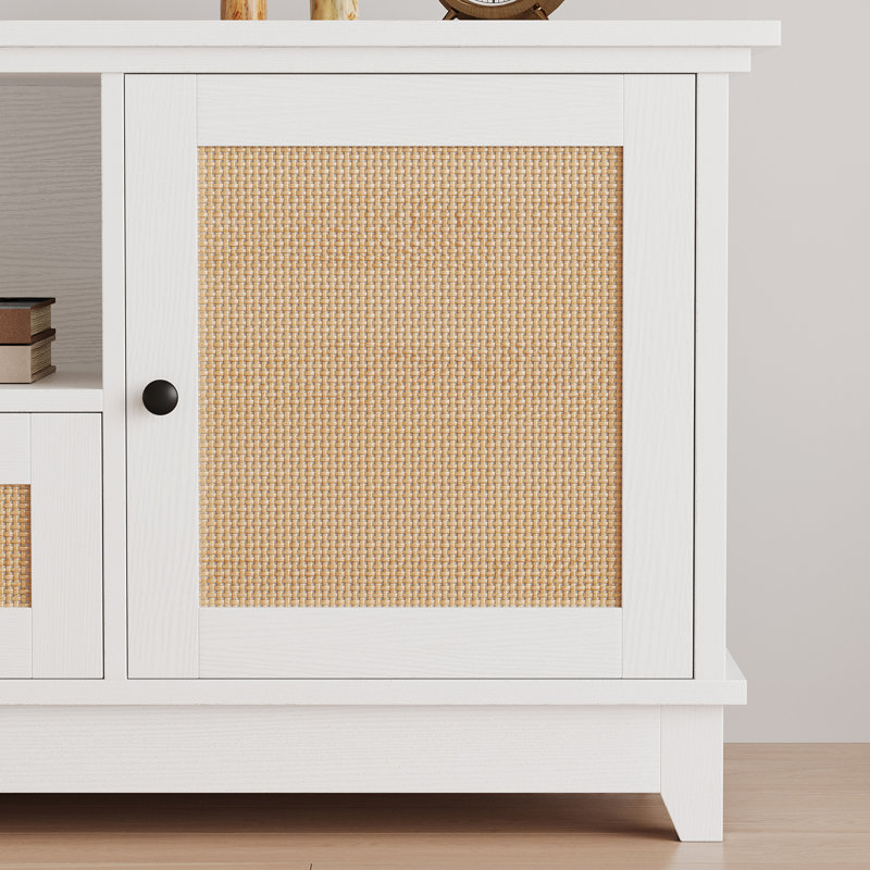 Rattan TV Stand for 65+ Inch TV, Boho Entertainment Center with Storage Drawer and Open Shelves, TV Console Cabine