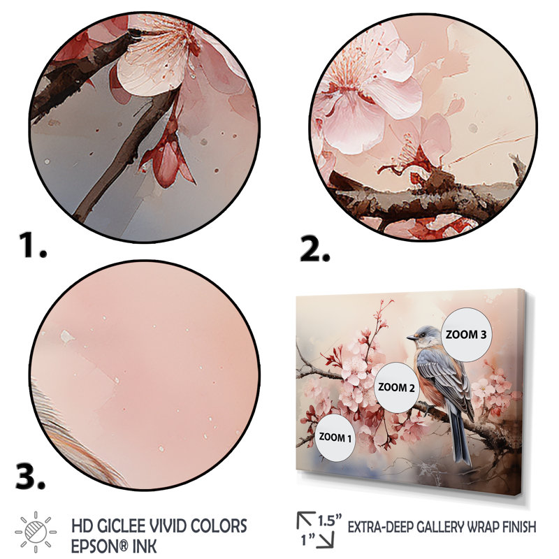 Oiseaux roses et bleus sur un arbre en fleurs de cerisier II, H 30 po x l 40 po x P 1,5 po, Cadre doré à coins fermés