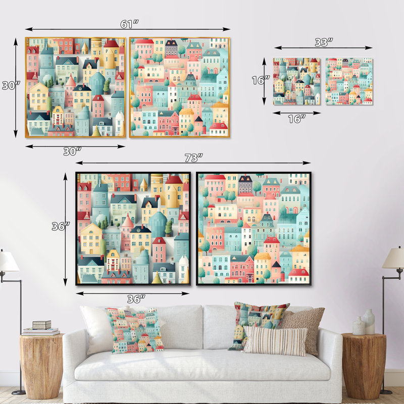 Ensemble de 2 collages carrés abstraits de couleur nordique pastel doux, H 36 po x l 73 po, Cadre flottant doré