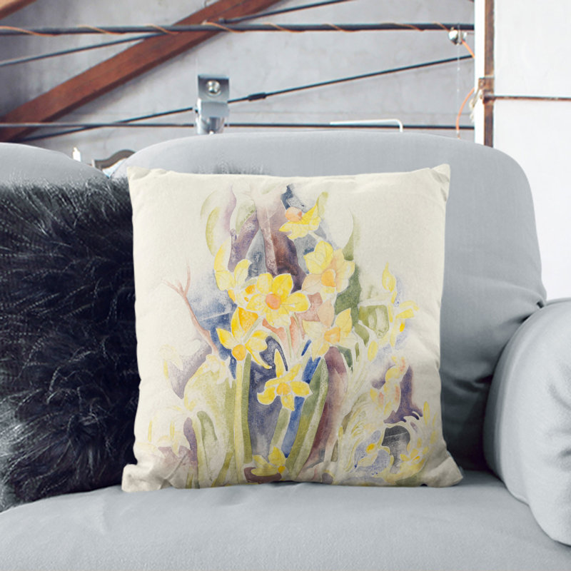 Small Daffodils Floral Scatter Cushion, 55cm H x 55cm W x 20cm D, Black