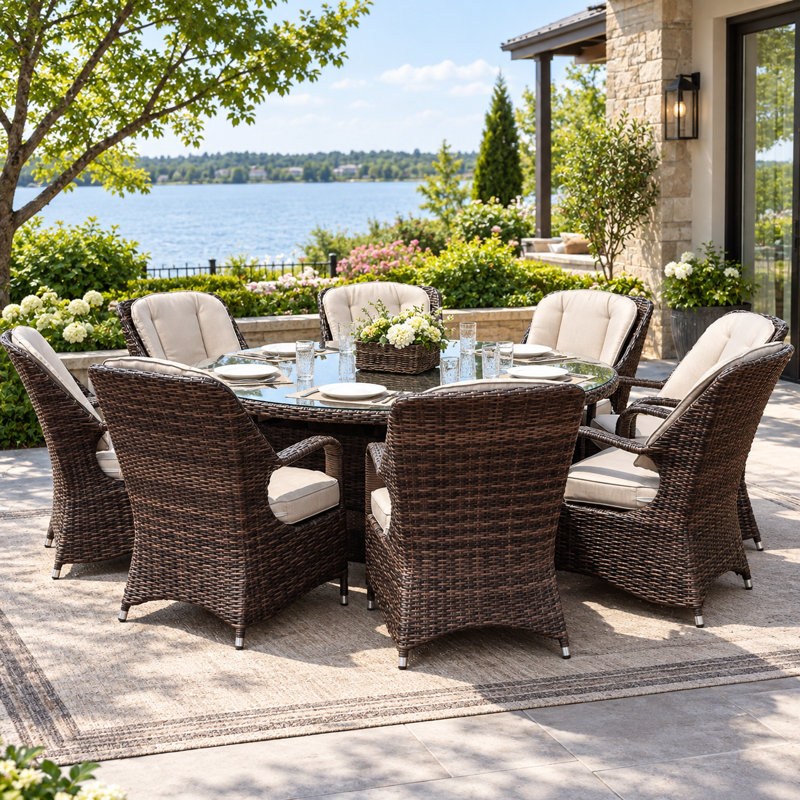 8-Person Outdoor Brown Dining Table Set, Brown