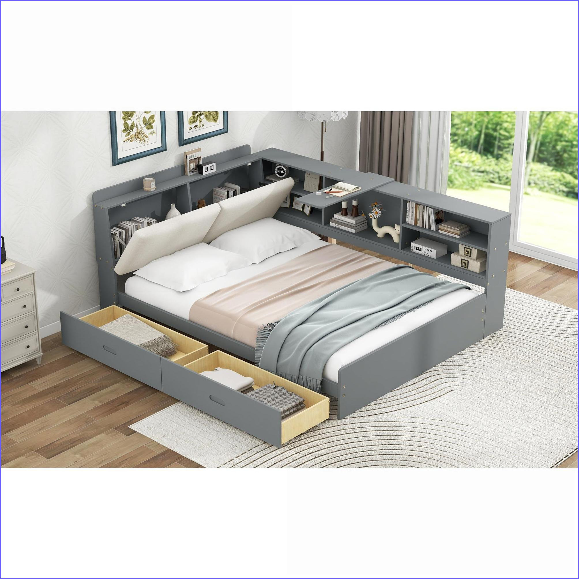 Latitude Run® Full Size Pine Wood Platform Bed with Storage Headboard ...