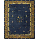 Antique Peking Chinese Floral Beige, Blue Navy 1920s Rug