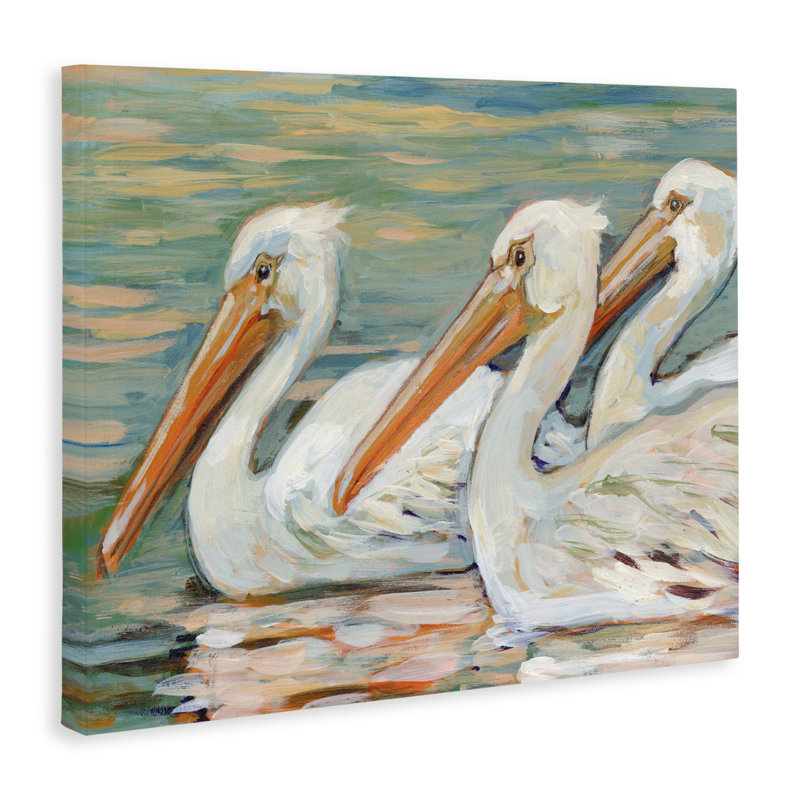 «Pelican Trio Pond Reflection», art mural par Susan Winget, H 36 po x l 48 po
