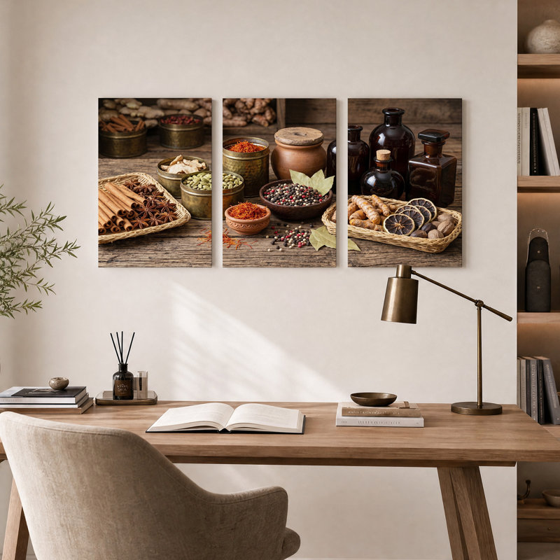 Assortiment d'épices et d'herbes sur une surface en bois rustique, ensemble de 3 toiles, H 18 po x l 12 po x 3 pièces