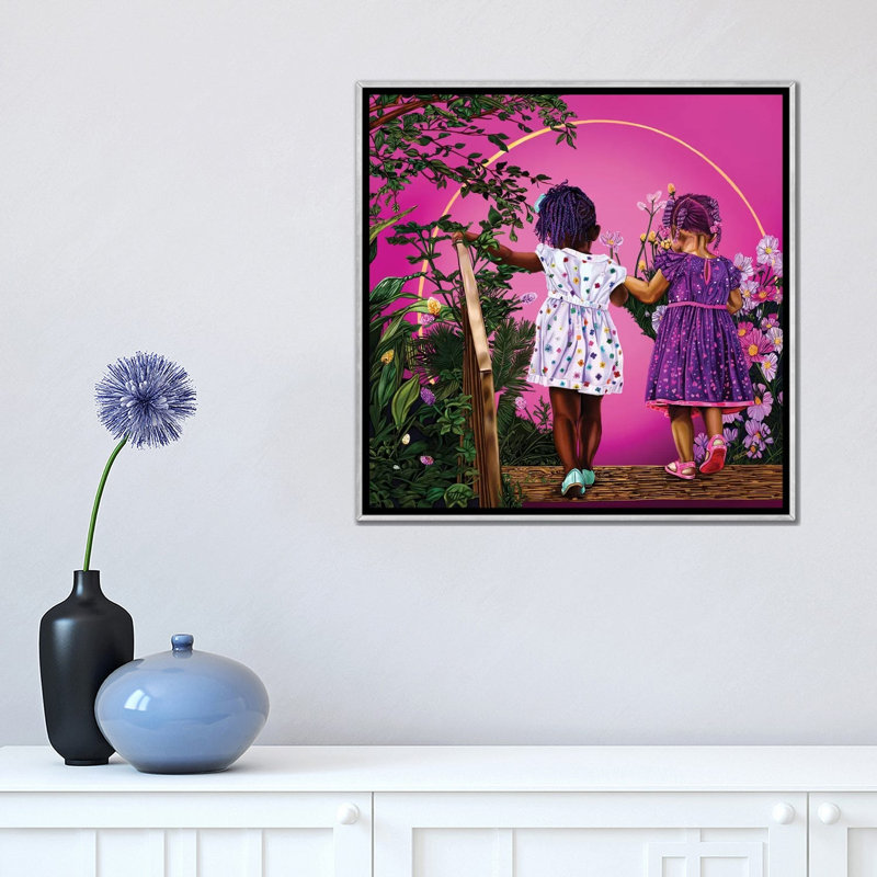 Voyage avec ma sœur-impression d’art graphique, Pas de tapis, H 18 po x l 18 po x 1,5 po, Toile avec cadre argenté