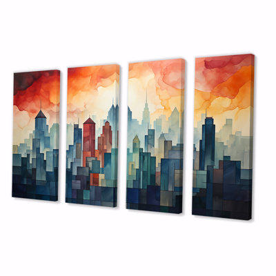 «Watercolor Colorful New York City II - New York», art mural sur toile 4 pièces
