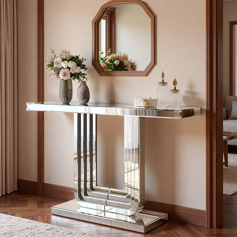 Console à miroir argentée avec base en U et lignes épissées à la main