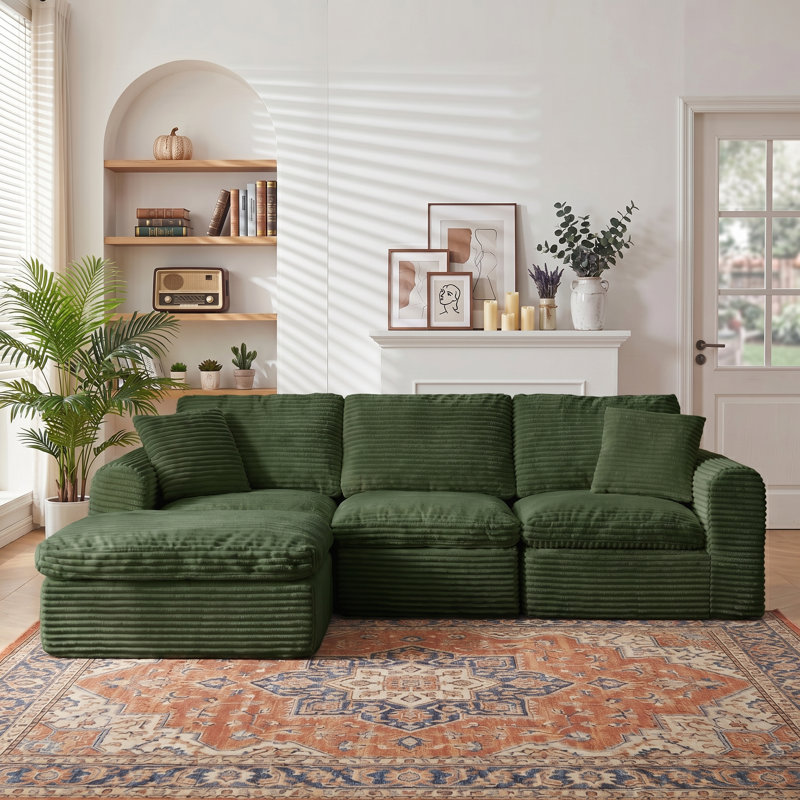 Boneless 108" Cloud Couch for Living Room, 4 Piece L Shaped Modular Sectional Sofa with Plush Corduroy, Deep Seat, Compression Packaging, No Assembly Required
