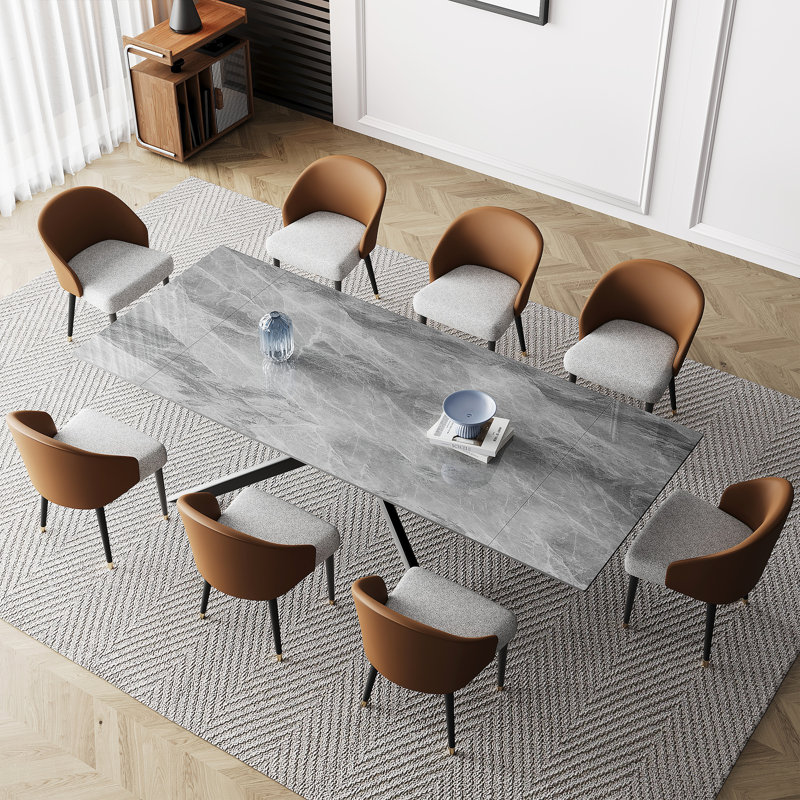 Majour Dining Set 110'' Extendable Retangular Sintered Stone Dining Table with 8 Leather Dining Chairs, Italian Gray