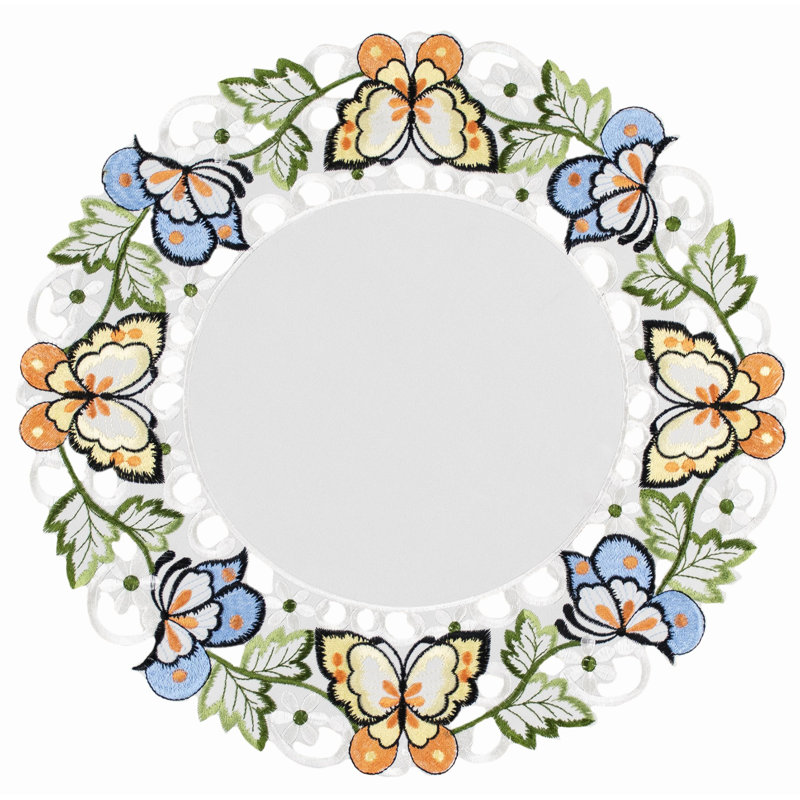 Ivory Round Doily with Colorful Embroidered Butterflies, 15 Inch