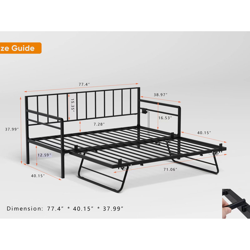 Black Adjustable Twin Daybed With Lighting, Power Station & Trundle, Metal Frame For Bedroom, Living Room, Guest Room - Strong Slats, Charging Trundle Lights, Height, Legs, Easy Assembly