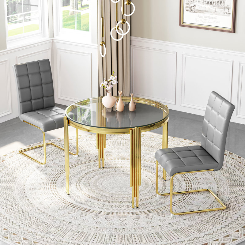 5-Piece Round Glass Dining Set, 37" Tempered Glass Table With 4 High Back PU Leather Chairs, Clear/Gold, Gray/Gold
