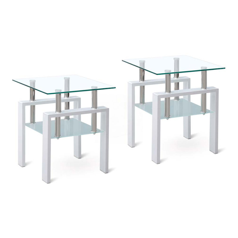 Table de bout en verre trempé transparent, petite table avec rangement 2 couches