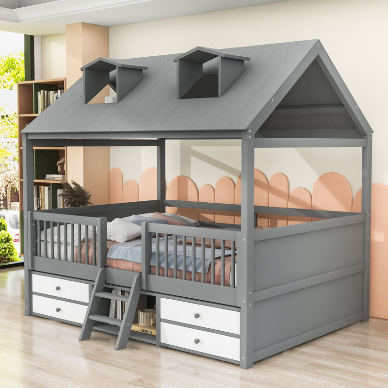 Enchanting Wooden House Bed With Skylights And Ladder, Full, Gray