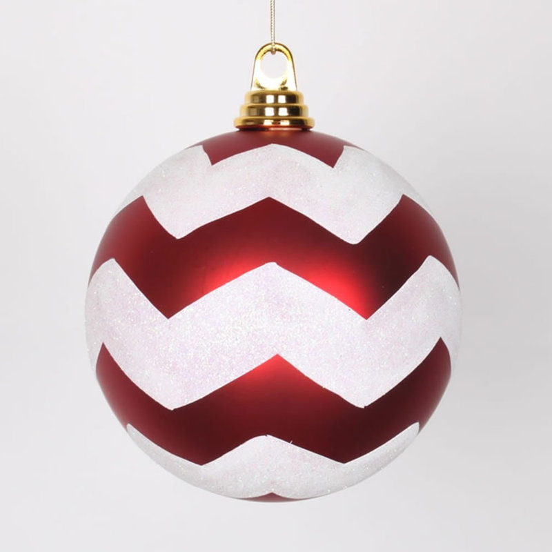 Ornement boule à chevrons, H 6 po x l 6 po x P 6 po, Rouge / blanc