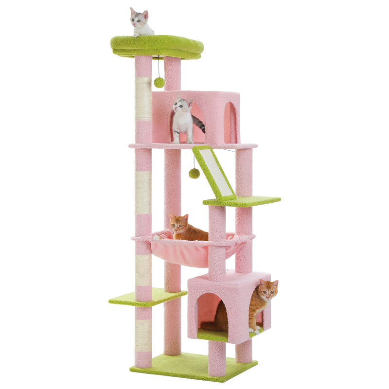 71" Pink and Green Multi-Level Cat Tree with Sisal Posts