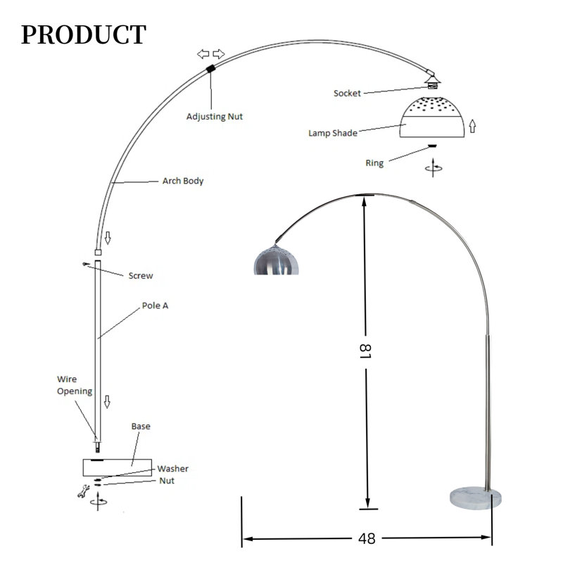 Lampe sur pied arquée moderne 81 po avec bras réglable et base en marbre, finition nickel brossé, interrupteur au pied en ligne