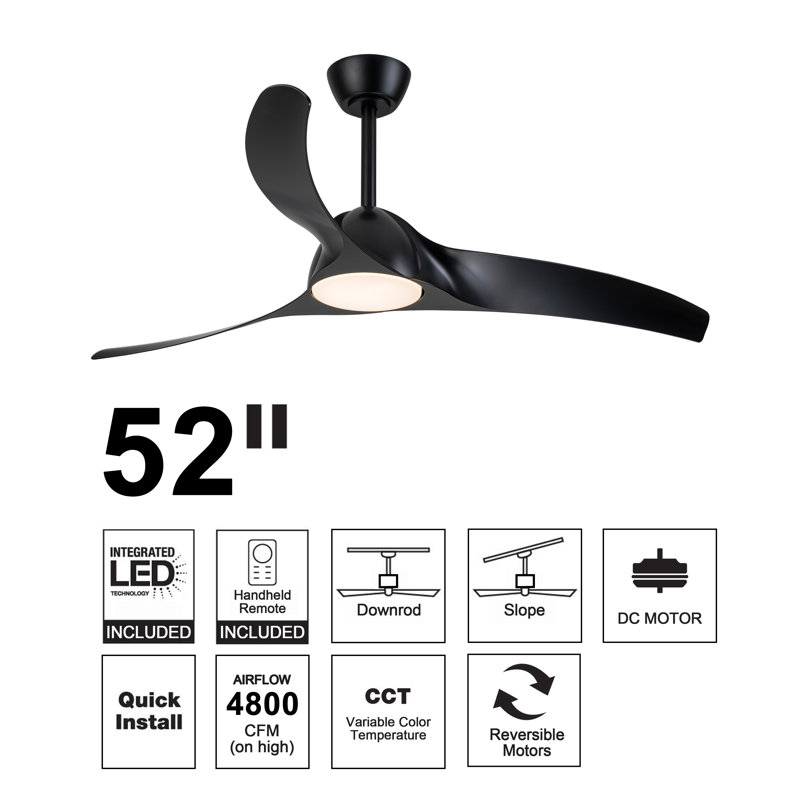52in. 3-blades Woodgrain Finish Dimmable Changeable 3000k/4000k/5000k Led Ceiling Fan With Remote Control, Matte Black