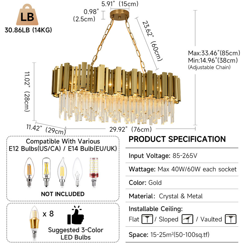 Lustre à niveaux unique et remarquable à 8 lumières avec accents en cristal Torina