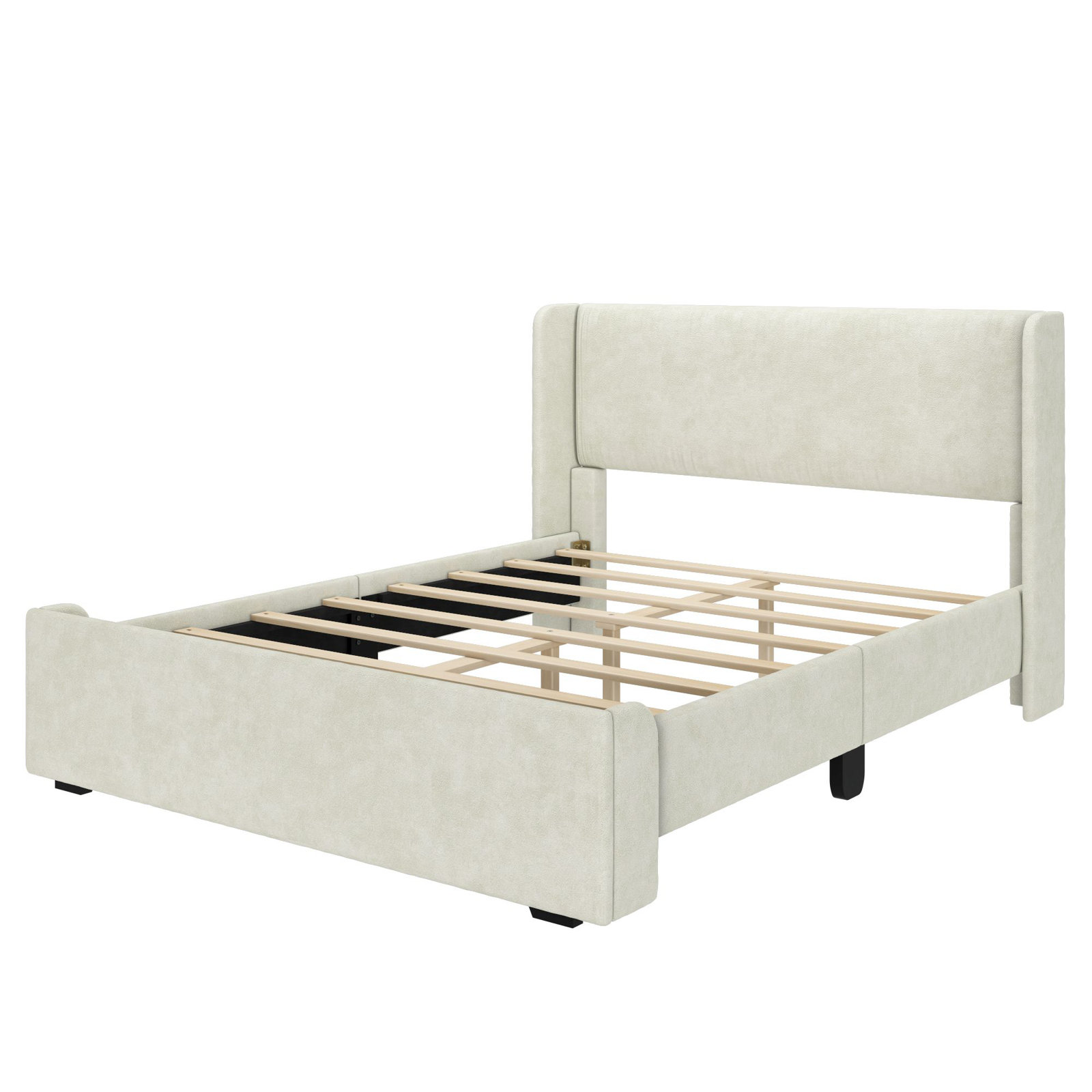 Solid Wood Upholstered Panel Bed, Cream, Full